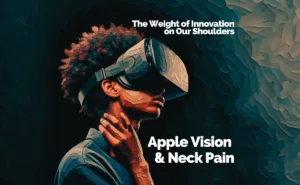 Woman wearing an Apple Vision Pro headset, grimacing and holding her neck, illustrating the potential for neck pain with advanced VR technology.