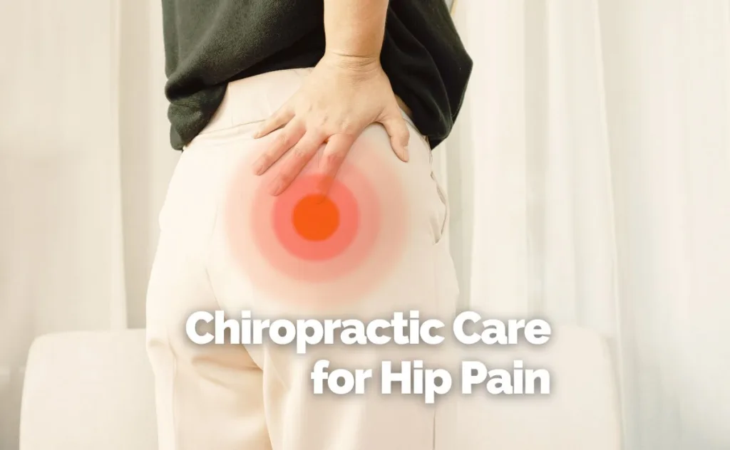 A woman holding her hip in pain with red circles indicating areas of radiating hip pain.